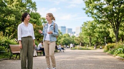 Obraz premium 公園を散歩しながら楽しく会話する日本人女性と外国人女性