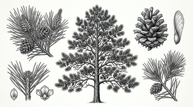 Detailed black and white botanical illustration of a pine tree with various pinecone and branch studies