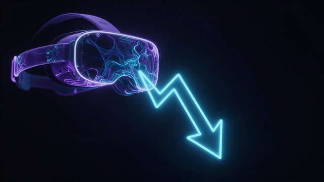VR headset glows with neon arrow pointing down, symbolizing virtual reality's decline.