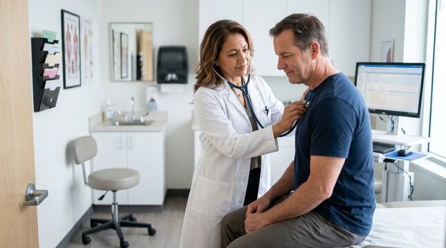 Doctor examining male patient with stethoscope in medical office