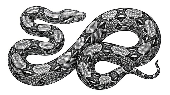 Detailed black and white illustration of a coiled snake with intricate patterns