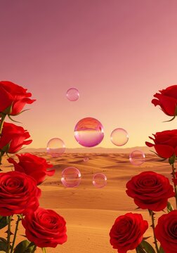 Crimson roses frame a vast arid landscape where iridescent crystal pink bubbles drift through the golden desert air under a glowing sky, globes, flower, arid