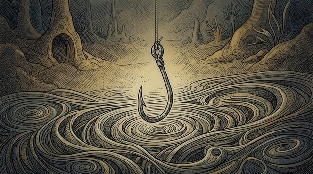 Fishing Hook Suspended Above Swirling Water in an Eerie Forest Landscape, Digital Illustration.
