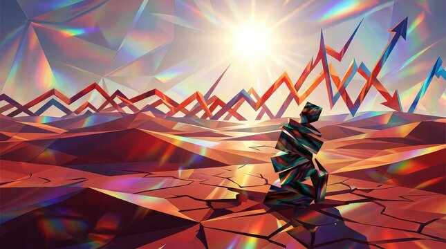 Geometric Abstract Landscape with Shattered Ground, Upward Arrows, and a Lone Figure