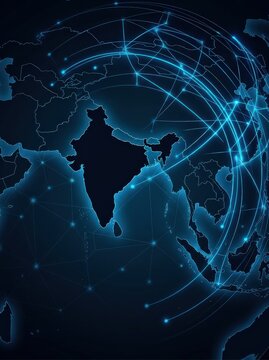 Global Network Connections Visualized Over Asia, Featuring India, With Pulsating Digital Links
