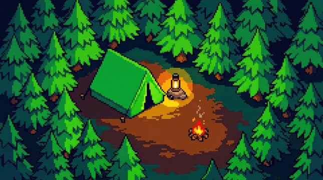 Pixel Art Forest Campsite Scene With Tent and Campfire at Night