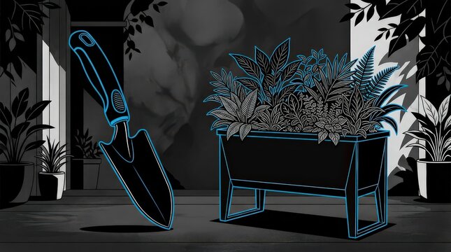 Stylized Outline Drawing of a Trowel and Potted Plants for Gardening Enthusiasts