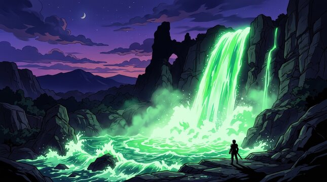 Vibrant Emerald Waterfall Cascading into a Serene Twilight Lake, Lone Explorer Gazes in Wonder