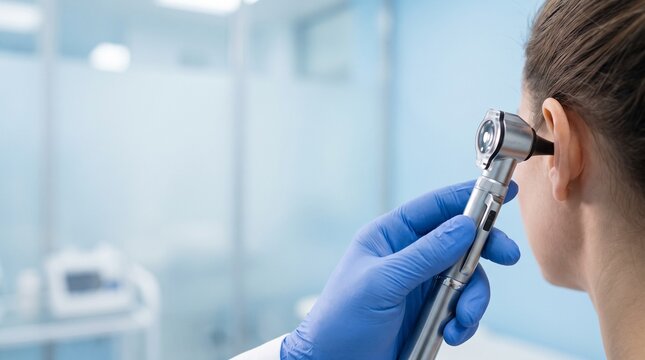 Otolaryngologist examining a female patient&rsquo;s ear with an otoscope in a bright clinic, close-up ENT consultation and ear checkup concept.