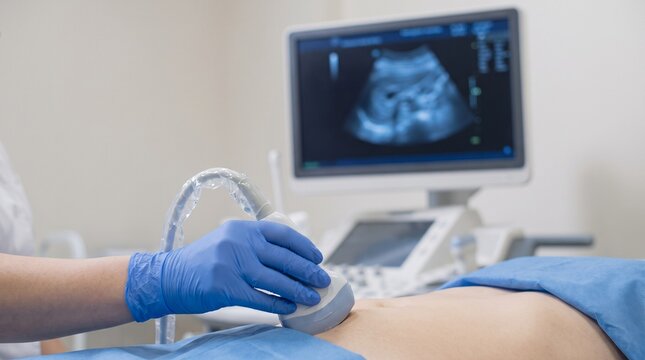 Gloved clinician performing prenatal ultrasound on a pregnant belly with sonogram visible on monitor, obstetric care and fetal screening concept.