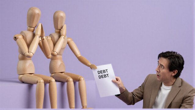 Man shocked by debt document, wooden figures react with distress.