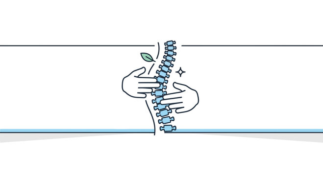 Line art illustration of hands gently supporting a human spine.
