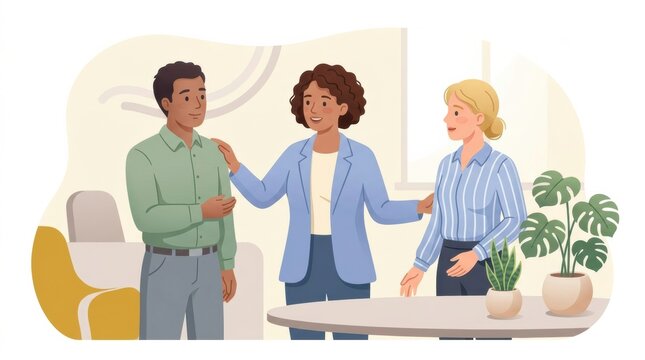 Two people share ideas with a third person in an office setting. They discuss strategies for avoiding violence in the workplace.