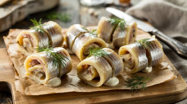 German cuisine.  
Rolmops. Cold appetizer. Fillet of pickled herring, which is wrapped in the filling.
