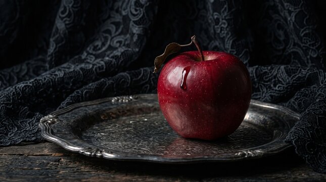 Deep crimson red apple on a silver platter with black lace. Dark gothic fantasy background.