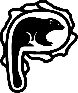 Black and white illustration of a weasel in a circular design.