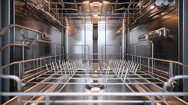 dishwasher interior close-up, empty racks and clean surfaces, soft lighting, ultra detailed textures, 8k realistic