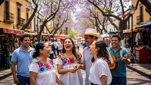 Joyful group of friends laughing together on a viintimate apparelnt street in puebla, mexico, blooming with purple jacaranda trees, creating a picturesque scene of cultural harmony
