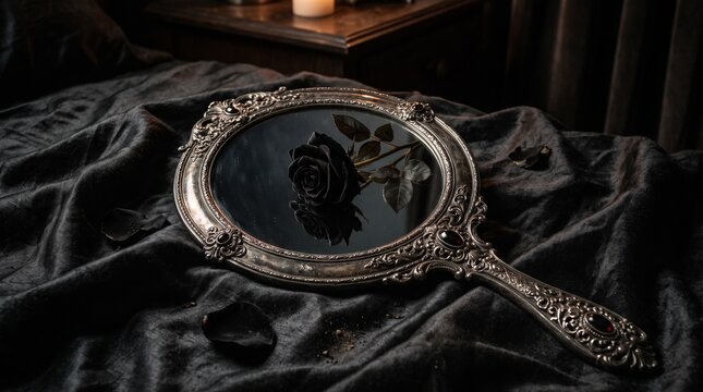 Vintage silver hand mirror reflecting a black rose on dark silk. Gothic vampire romance background.