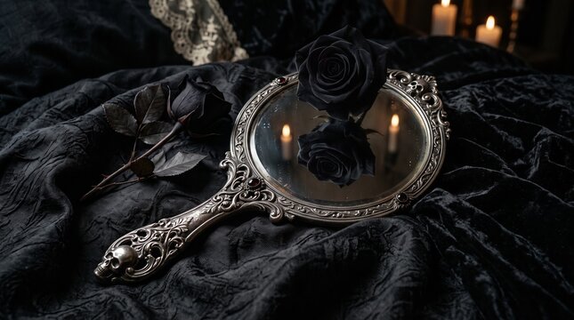 Vintage silver hand mirror reflecting a black rose on dark silk. Gothic vampire romance background.