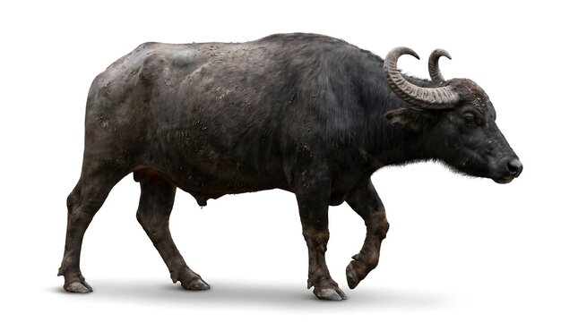 Full body side view of a water buffalo isolated on a white background.