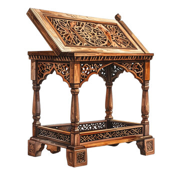 Intricately carved wooden lectern with detailed openwork designs; ornate and aged appearance