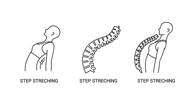 Line art illustration showing three steps of spinal stretching exercises for posture correction.