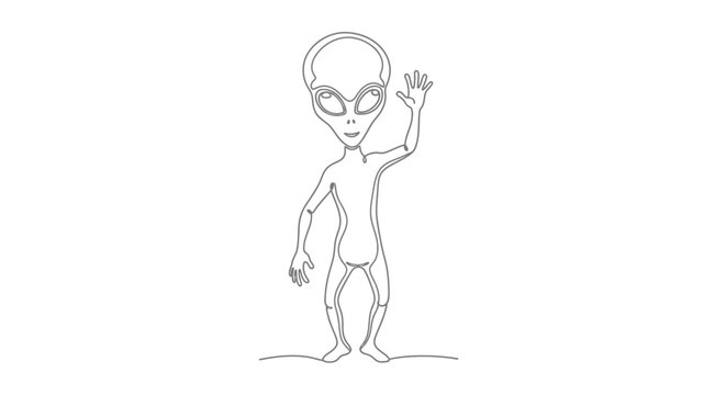 Friendly alien waving hello, minimalist line art, isolated on white background