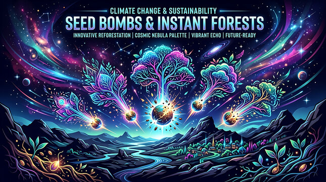 Vibrant illustration of seed bombs exploding into instant forests for climate change sustainability
