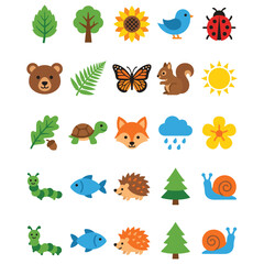 Fototapeta premium Nature and wildlife animal flat icons set with forest flora and fauna environmental signs.
