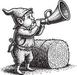 Fototapeta premium Engraved Illustration of a Gnome Announcing Harvest on Hay Bale