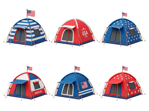 Collection of six patriotic American themed camping tents with flags and stars and stripes patterns PNG Isolated on transparent background