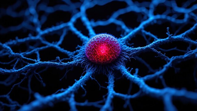 A vibrant red spherical object is illuminated within a network of blue branching structures.