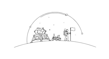Astronaut planting flag next to lunar module and rover on moon surface, space exploration © Untung
