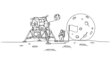 Astronaut with Lunar Lander and Moon, Space Exploration, Line Art © Untung