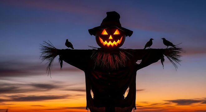 Halloween scarecrow with glowing jack o lantern head and crows on sunset sky background