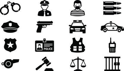 Comprehensive Set of Police and Crime Vector Icons Featuring Law Enforcement Equipment Justice Symbols and Criminal Elements for Professional Web Design Security and Legal Projects. © Masum