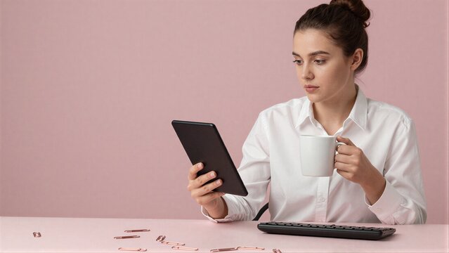 Focused woman in white shirt uses tablet, sips coffee at pink desk with scattered paper clips.