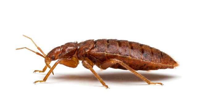 A close up side view of a bed bug isolated on a white background.