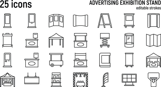 Advertising exhibition stand line icon set containing promotional booth tent kiosk banner display and trade expo elements