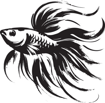 Elegant black and white sumi-e style illustration of a betta spl