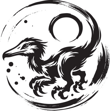 Eoraptor emblem in sumi-e style, prehistoric creature icon with