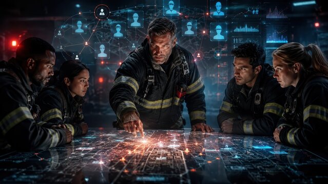 Firefighter analyzing emergency response dashboard with team. Concept for incident command, rescue coordination, public safety analytics and crisis operations.

