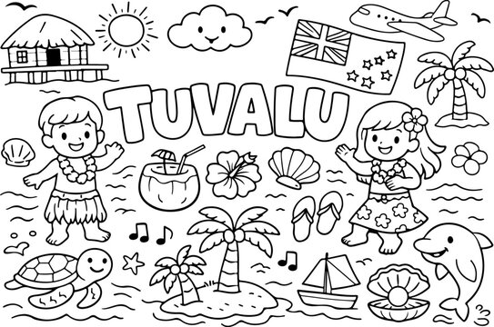 tuvalu landmarks cartoon outline hand drawn Line Art illustration doodle art coloring page for kids