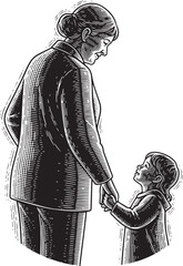 Obraz premium Touching Engraved Illustration of Affectionate Mother and Child