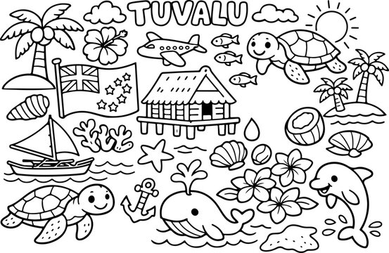 tuvalu landmarks cartoon outline hand drawn Line Art illustration doodle art coloring page for kids