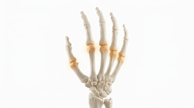 Anatomical illustration of a human hand skeleton with inflamed joints, medical concept, isolated on white.