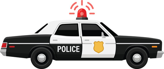 Vintage Police Car Vector Illustration - Classic Black and White Law Enforcement Patrol Vehicle with Red Flashing Siren and Golden Badge for 90s or 80s Style Emergency Services Graphics © Masum