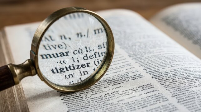 Closeup View of Magnifying Glass Over Open Dictionary Pages, Highlighting Text and Definitions