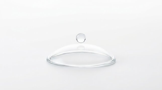 Crystal Clear Water Droplet Suspended Above a Concave Lens, Representing Purity and Precision in a Minimalist Setting